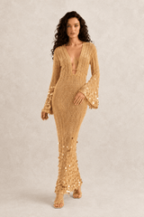 V Neck Belted Sequin Knit Maxi Dress