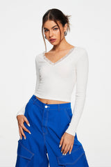 Lace Trim Ribbed Knit Backless Long Sleeve Top