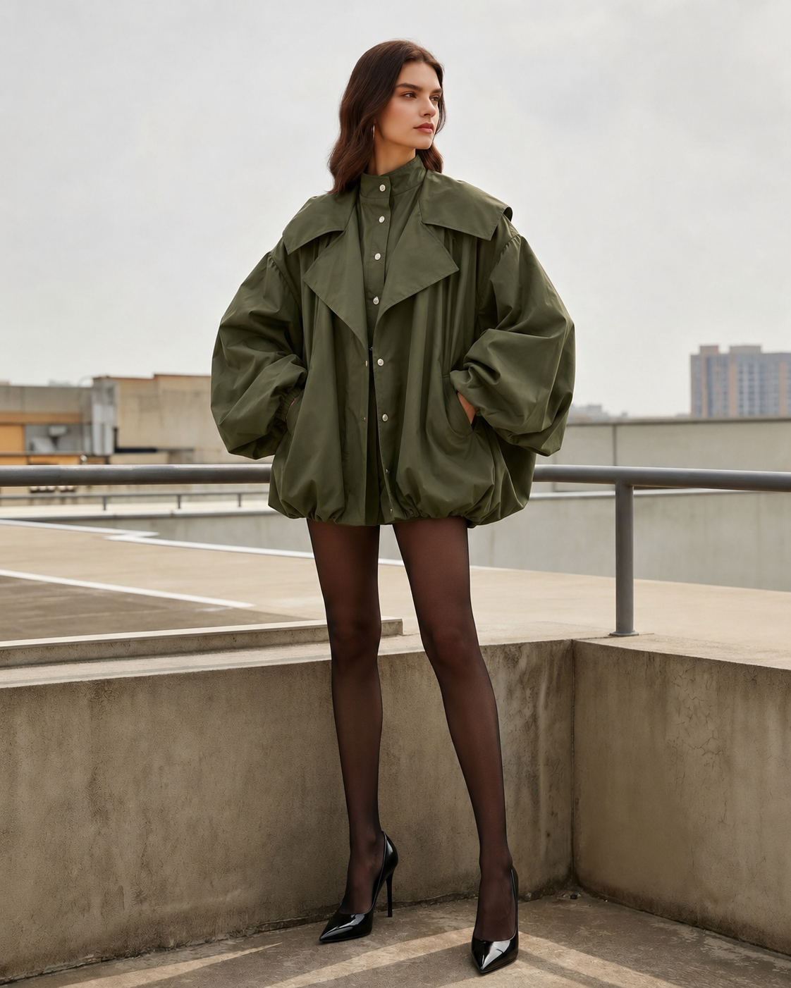 Retro Green Unique Oversized Slim Fake Two Piece Trench Jacket