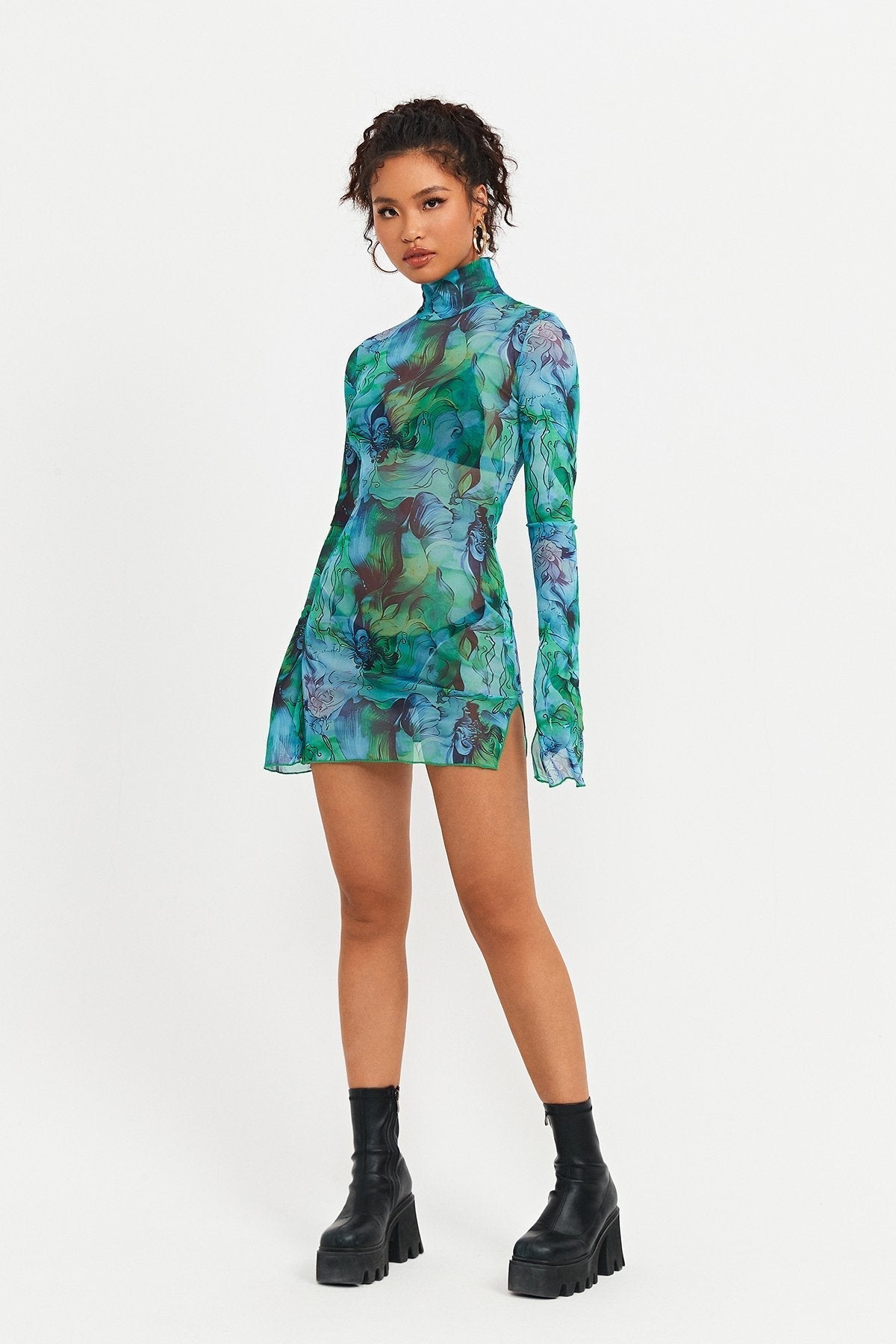 Abstract Print Split Hem Mesh Long Sleeve Mini Dress Without Underwear