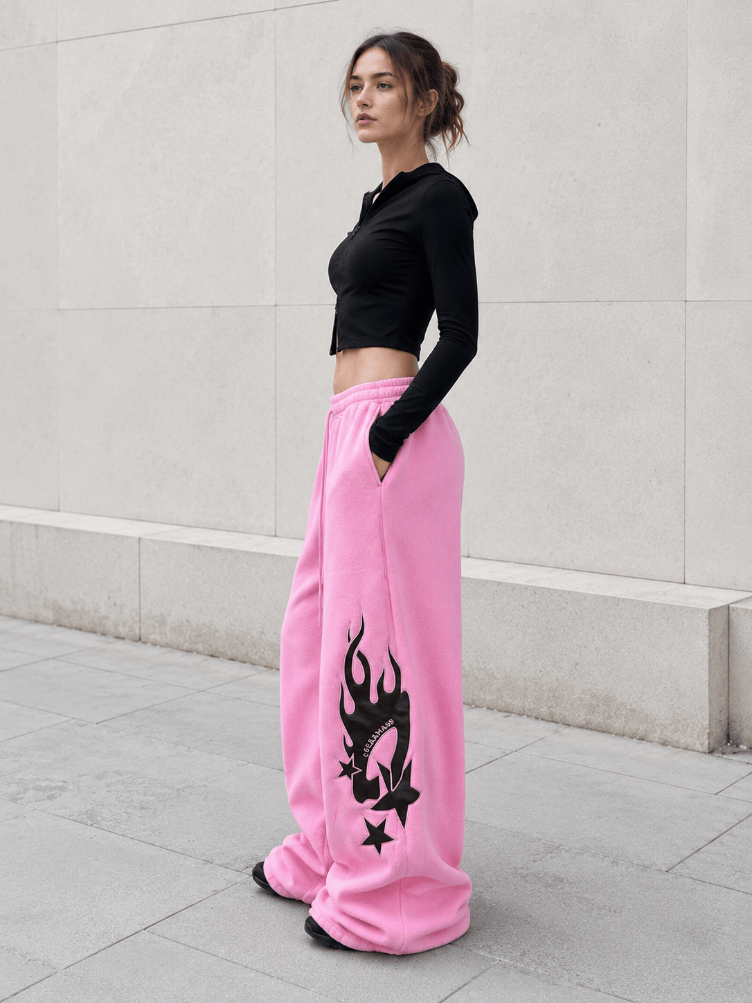 Thickened Flame Print Drawstring Wide-Leg Pants