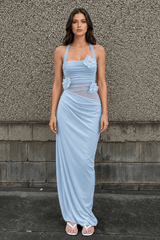 3D Floral Patchwork Halter Slim Cutout Waist Maxi Dress