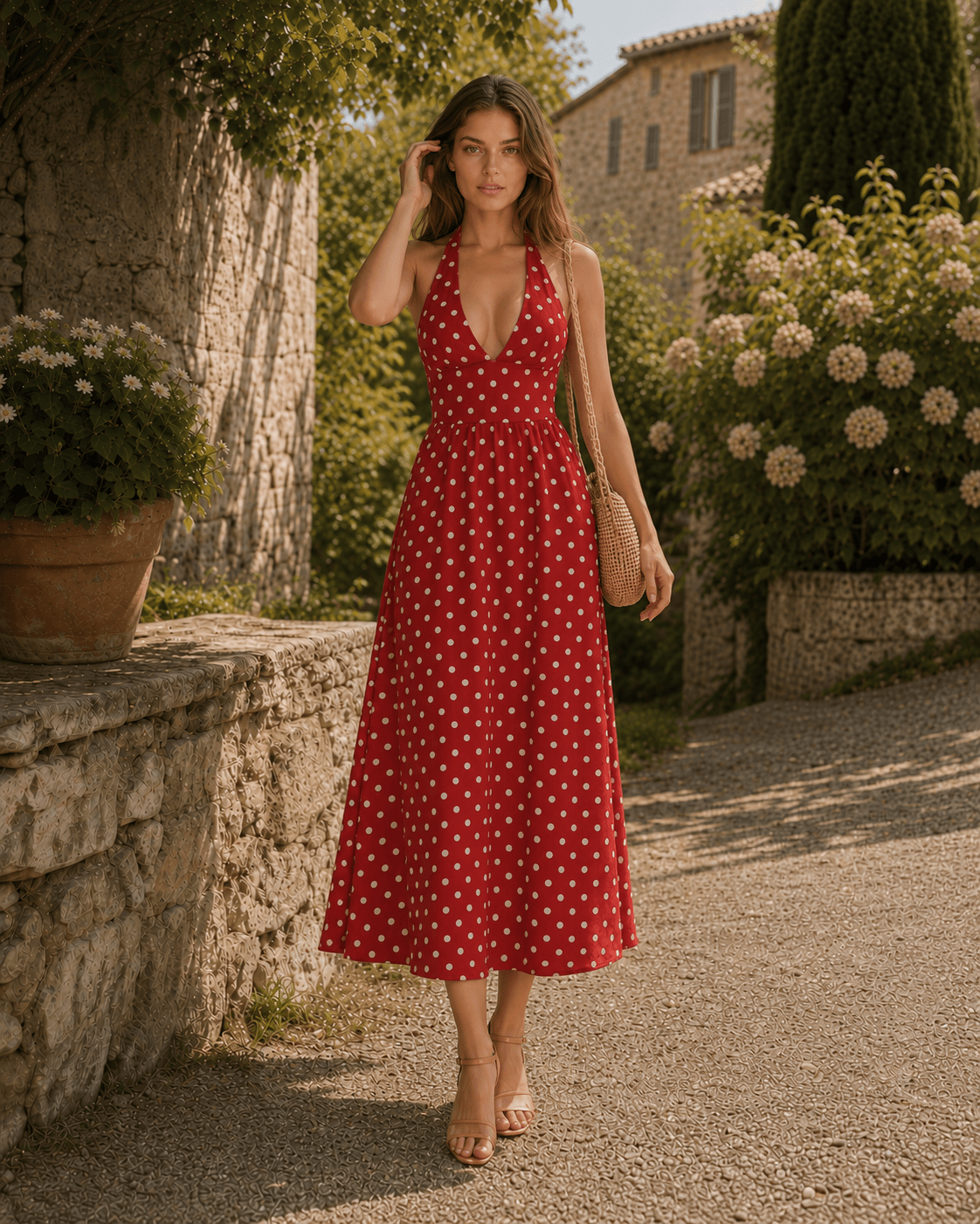 Red Polka Dot V-Neck Halter Backless Maxi Dress