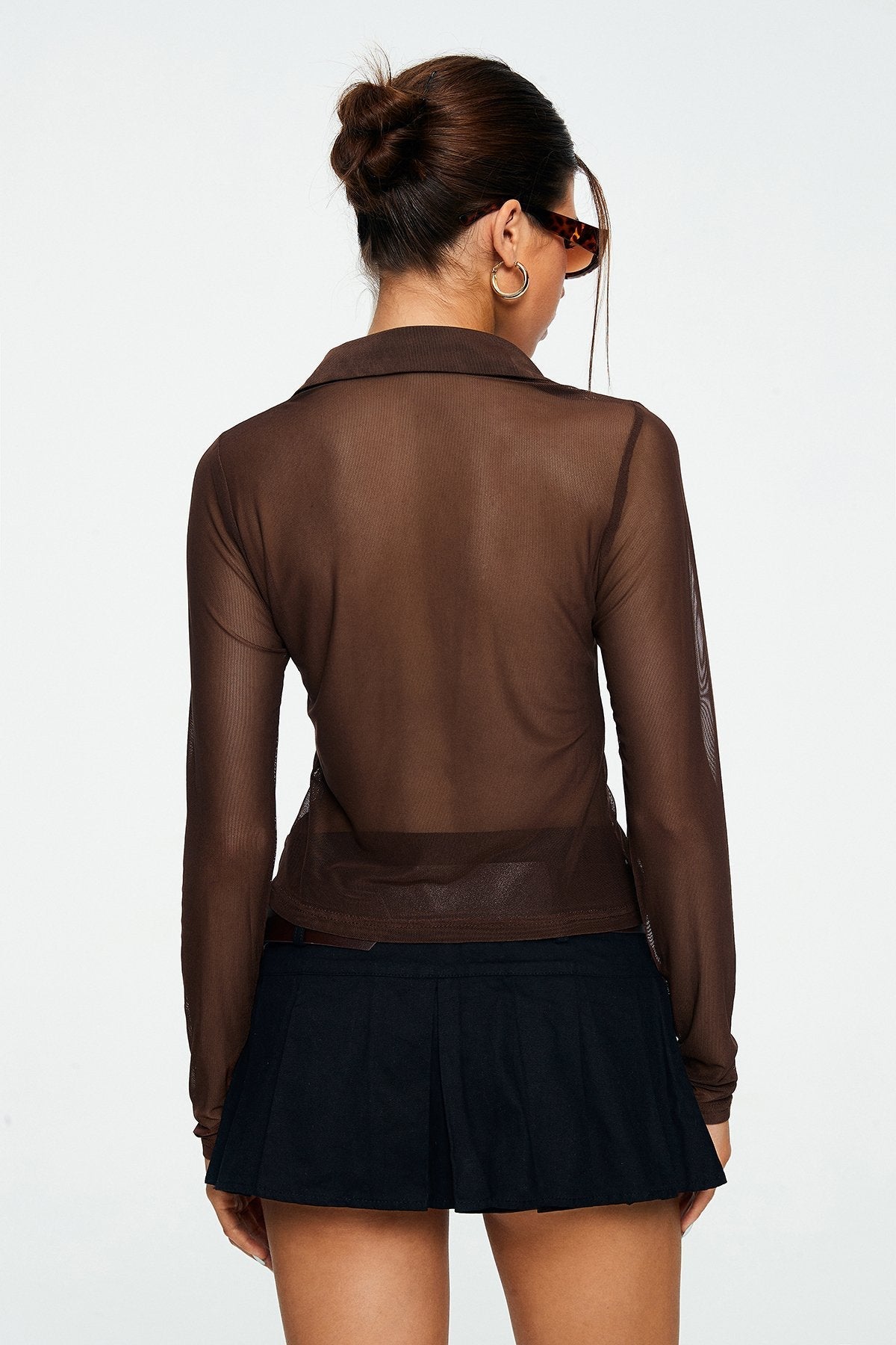 Lapel Neck Button Front Mesh Long Sleeve Shirt