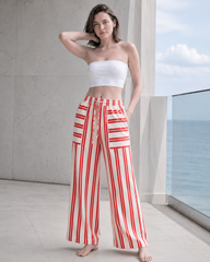 Beach Style Striped Drawstring Wide Leg Pants