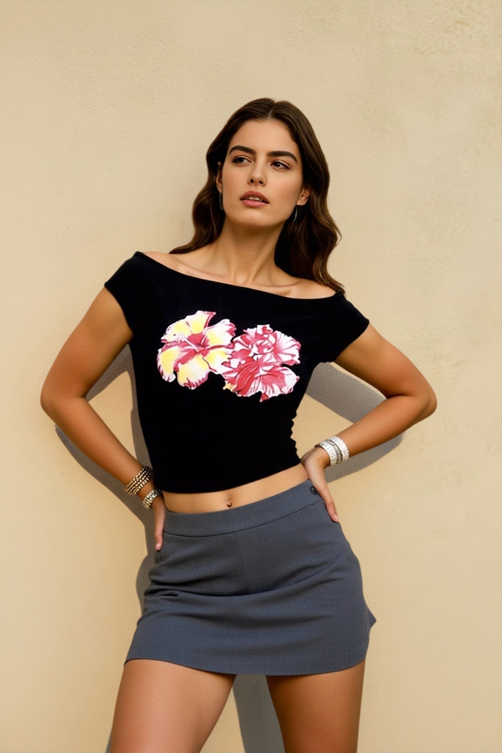 Off Shoulder Print T-shirts