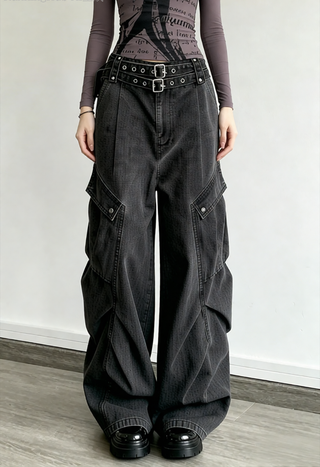 Denim Large Pocket Wide-Leg Cargo Pants