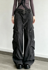 Denim Large Pocket Wide-Leg Cargo Pants
