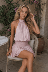 Elegant Halter Satin Jacquard Stripe Mini Dress