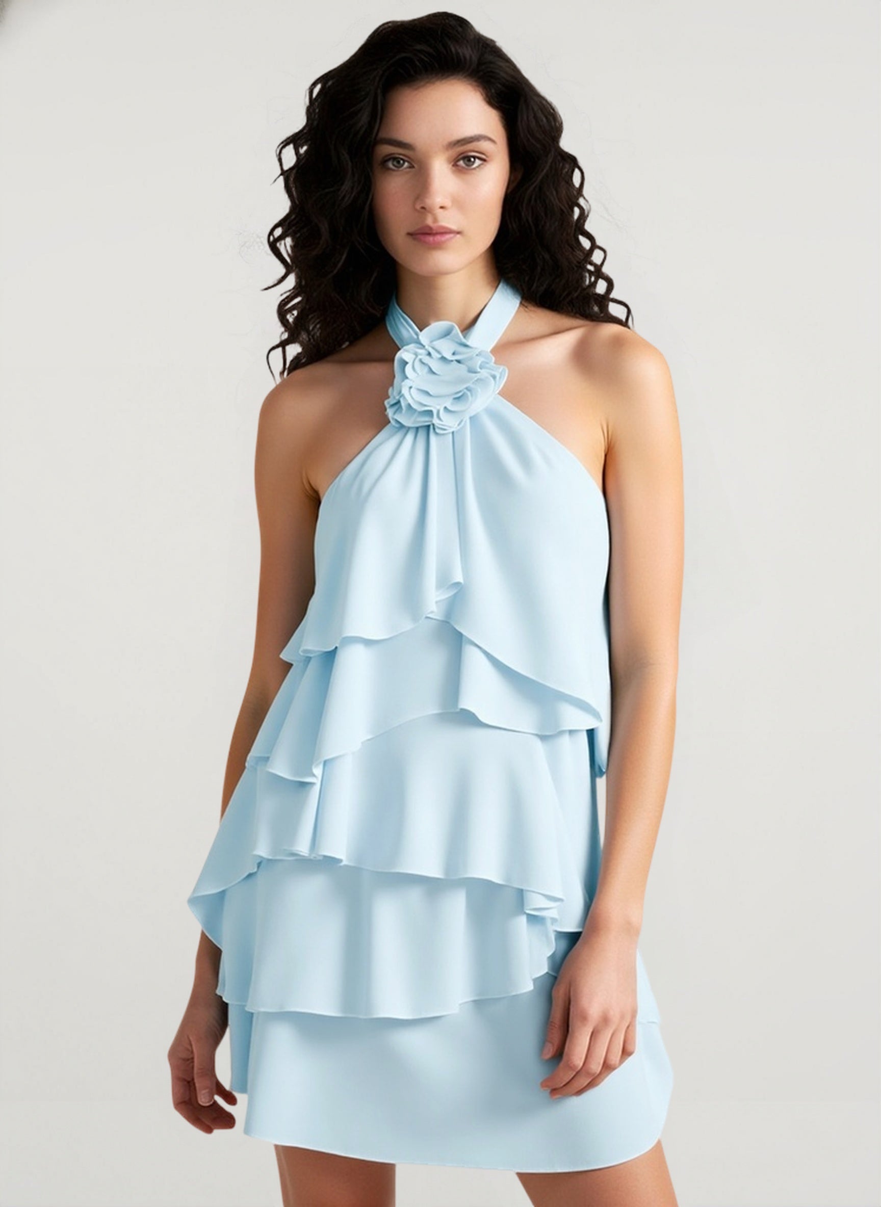 Halter Backless Floral Ruffle Mini Dress