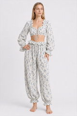 Floral Tie Front Square Neck Ruffled Cropped Top Low Waist Jogger Pants Two Piece Set