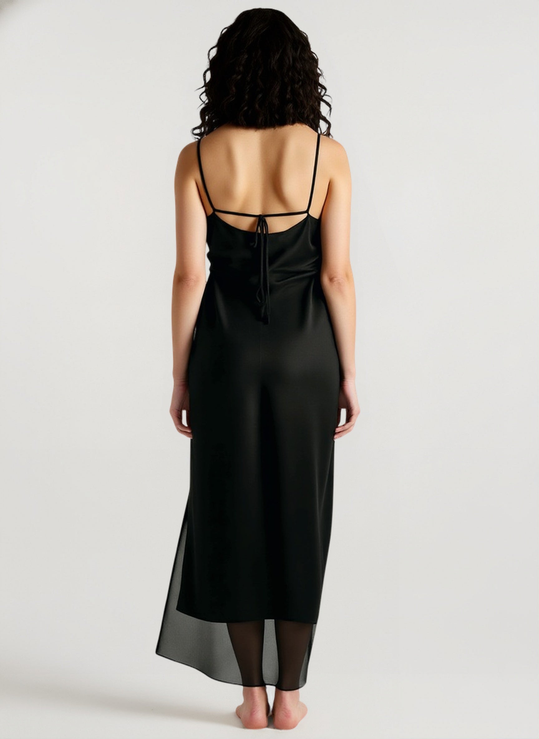 Lace Spaghetti Strap Silk-Like Slit Maxi Dress