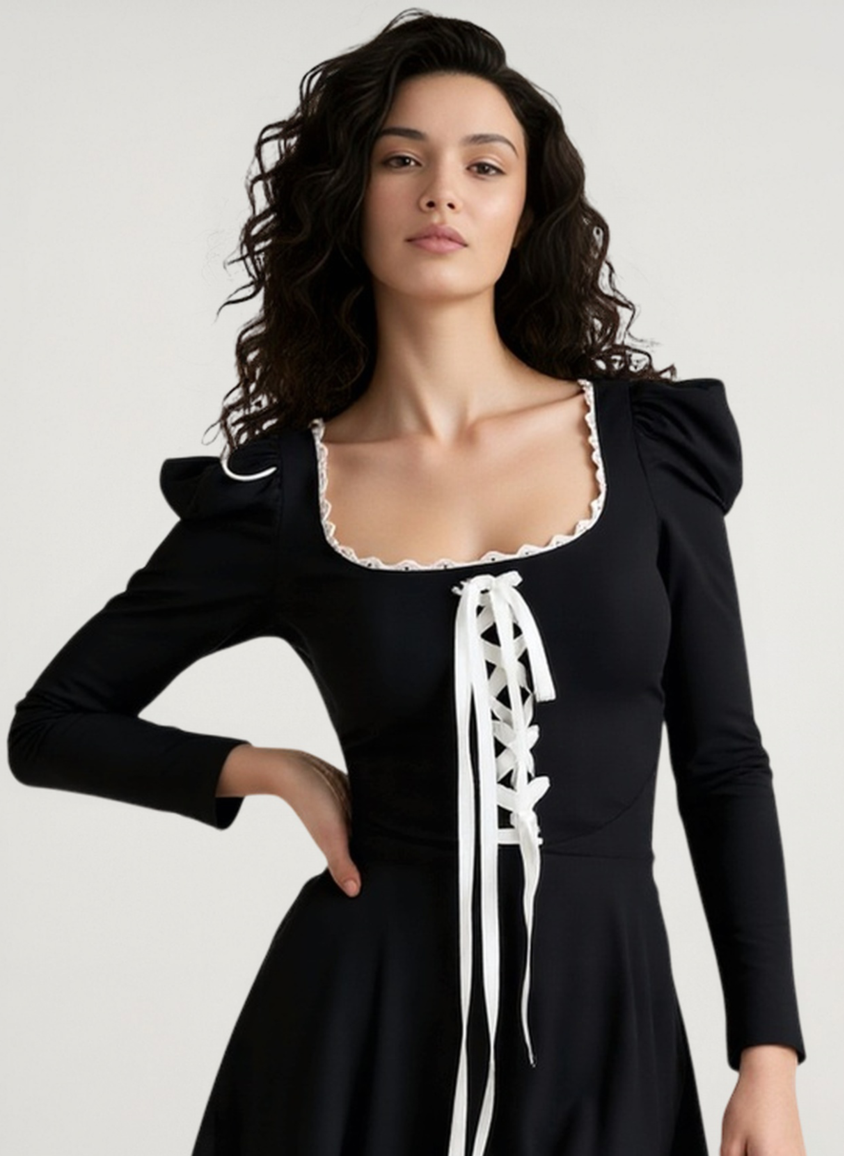 Black and White Ruffle Neckline Tie Waist Mini Dress
