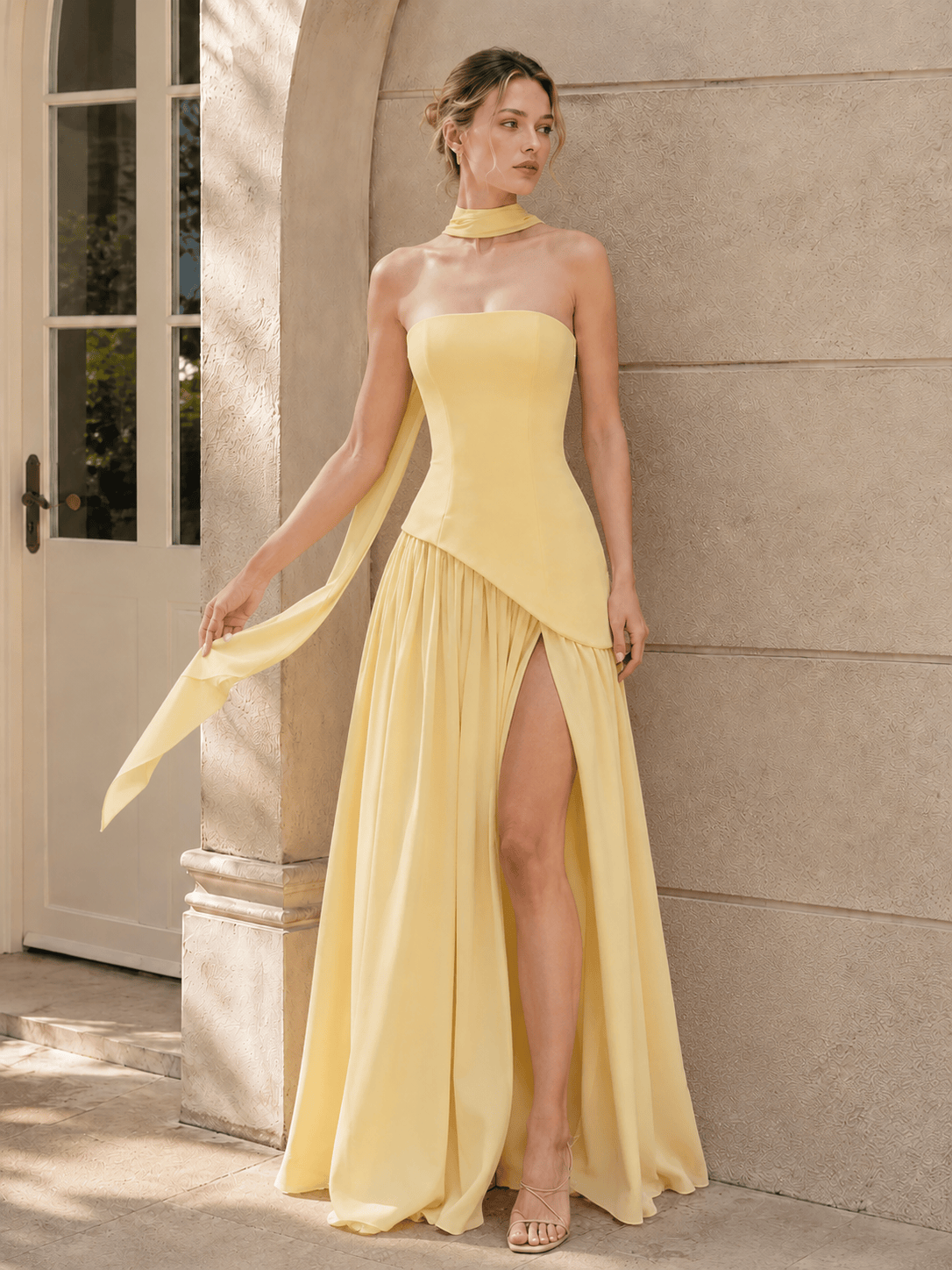 Solid Bustier High Slit Formal Dress