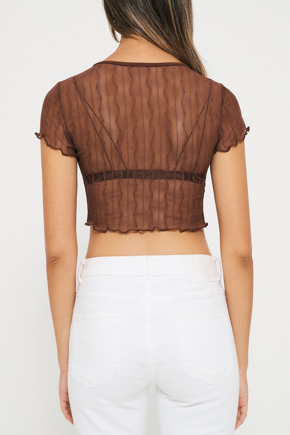 Lettuce Trim Hook And Eye Mesh Textured Crop Top With Bra