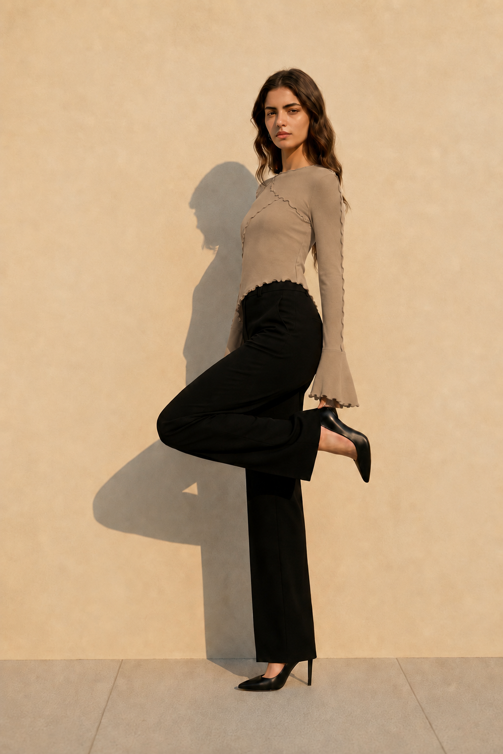 Solid Mock Neck Paneled Ruffled Long Sleeve Tee