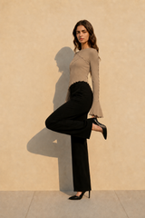 Solid Mock Neck Paneled Ruffled Long Sleeve Tee