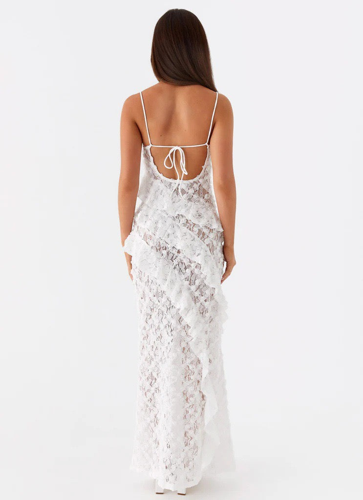 Suspender hollow Ladder Ruffle Long Dress