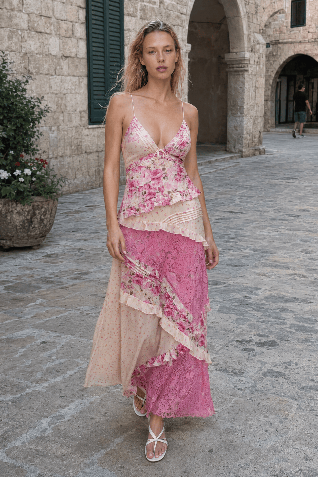 Deep V Ruffle Floral Lace Patchwork Cami Maxi Dress