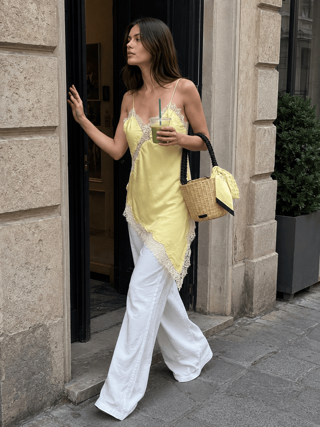Lace Trim Patchwork Low Cut Asymmetrical Slit Cami Top