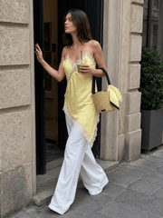 Lace Trim Patchwork Low Cut Asymmetrical Slit Cami Top