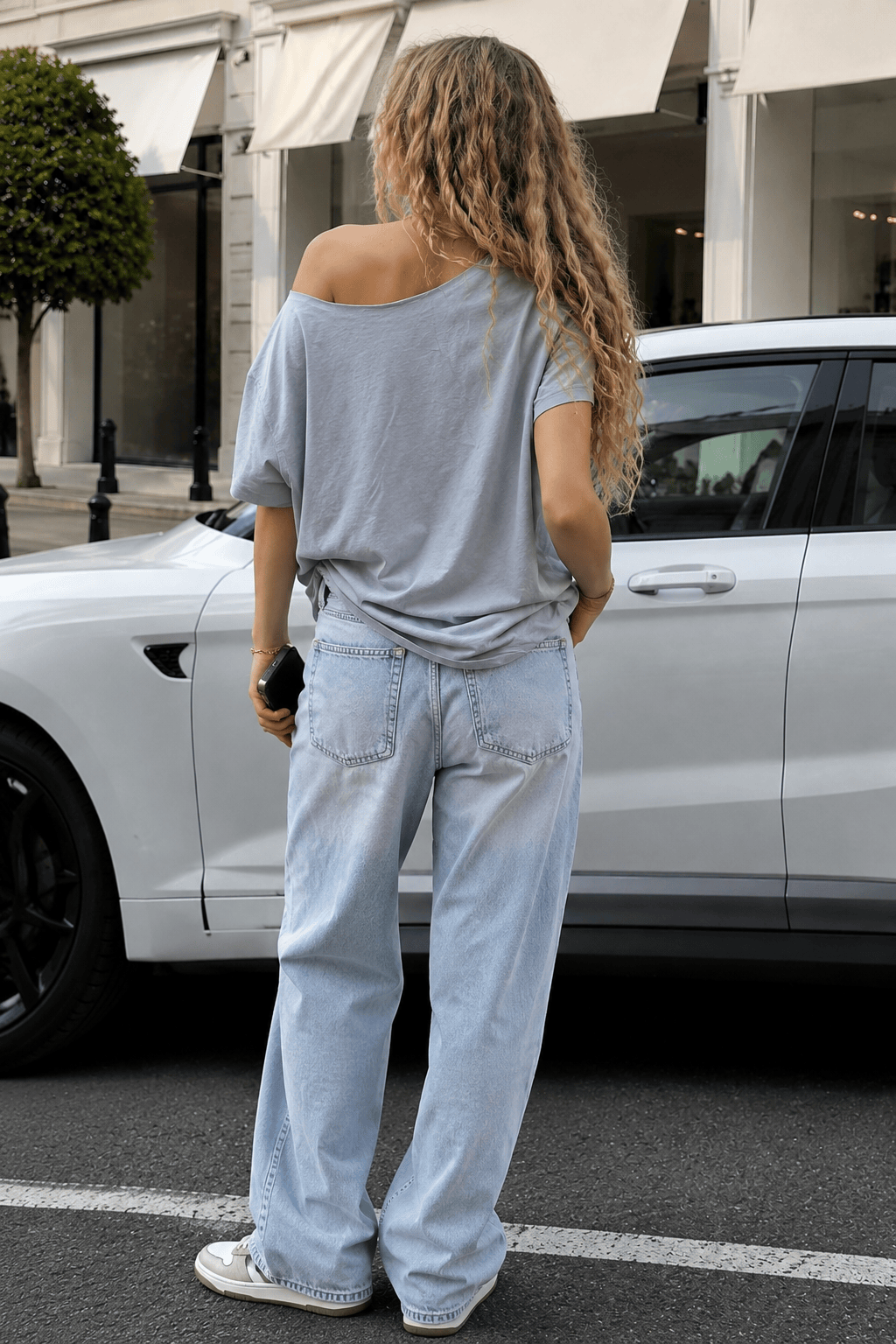 Casual Loose Number Print Off Shoulder Crew T-shirt