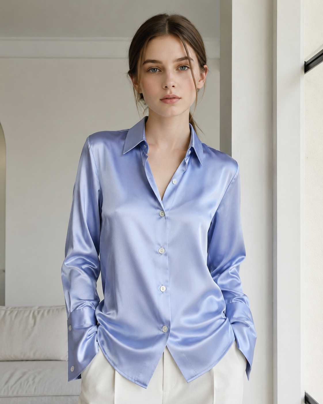Slim Fit Collared Buttoned Long Sleeve Blouse