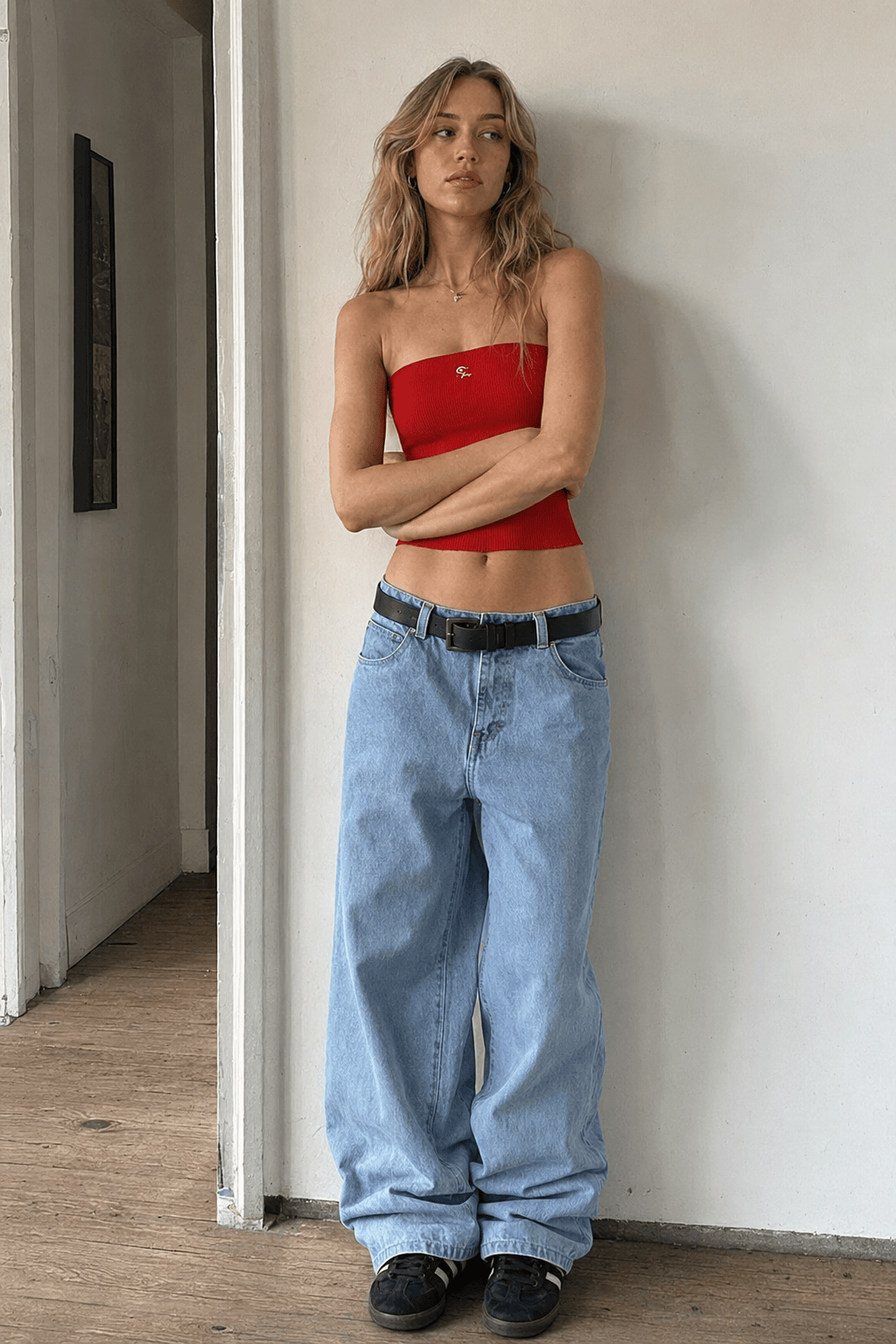 Minimalist Pocket Embroidery Relaxed Wide Leg Jeans