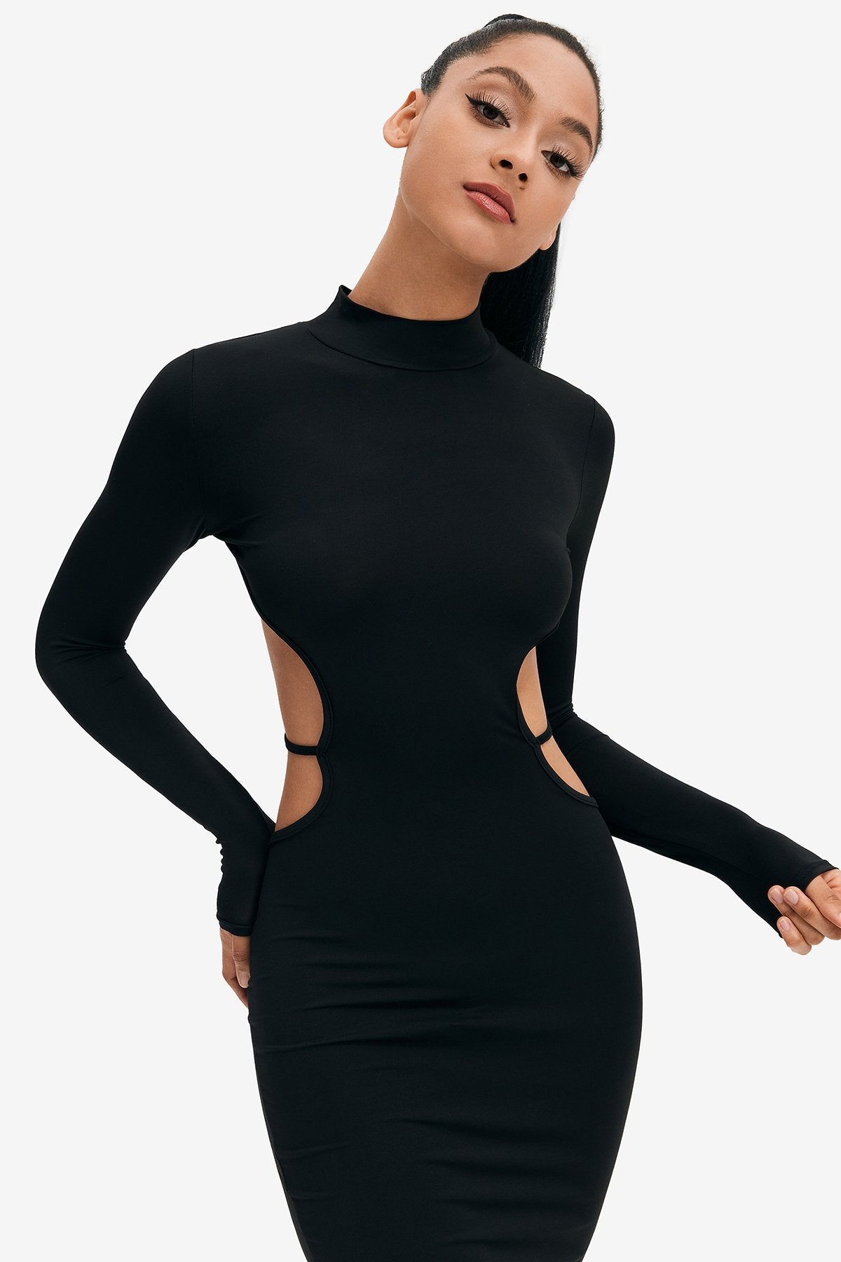 Mock Neck Open Back Split Hem Long Sleeve Midi Dress