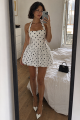 Black and White Polka Dot Ruched Halter Mini Dress