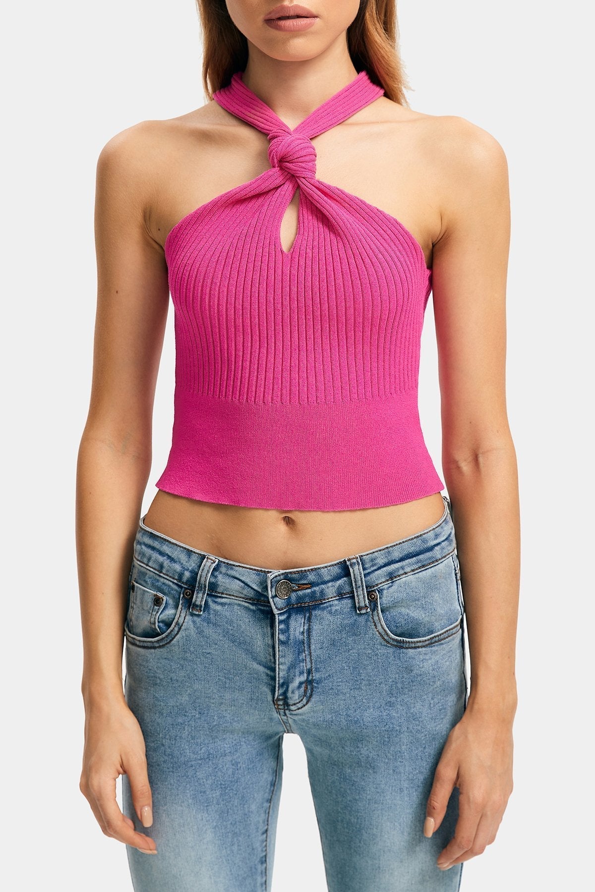 Halter Neck Cut Out Knitted Sleeveless Crop Top