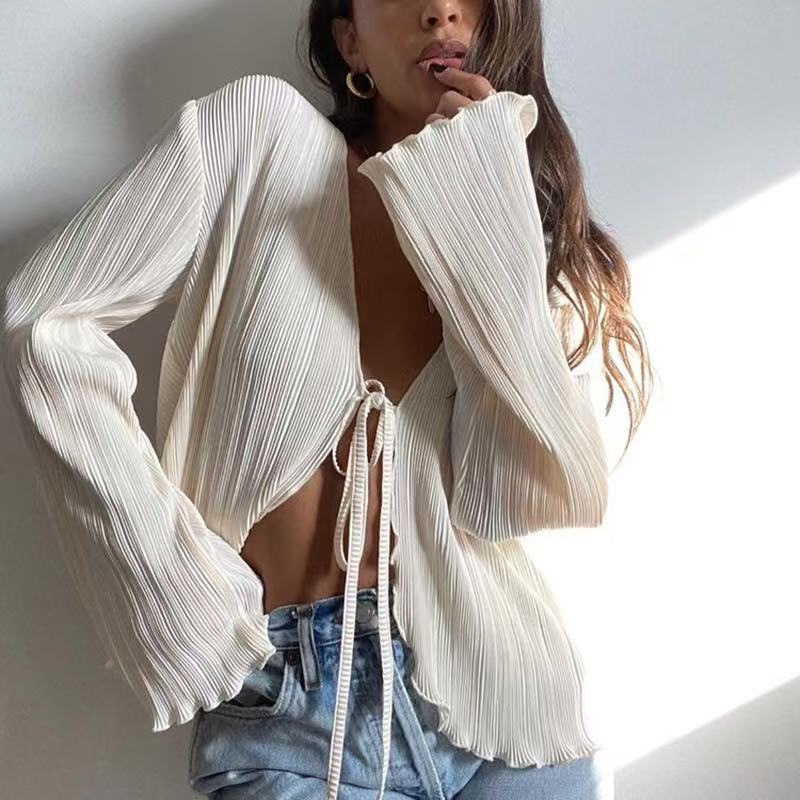 Sheer Ribbed Knit Cardigan With Tie-Front