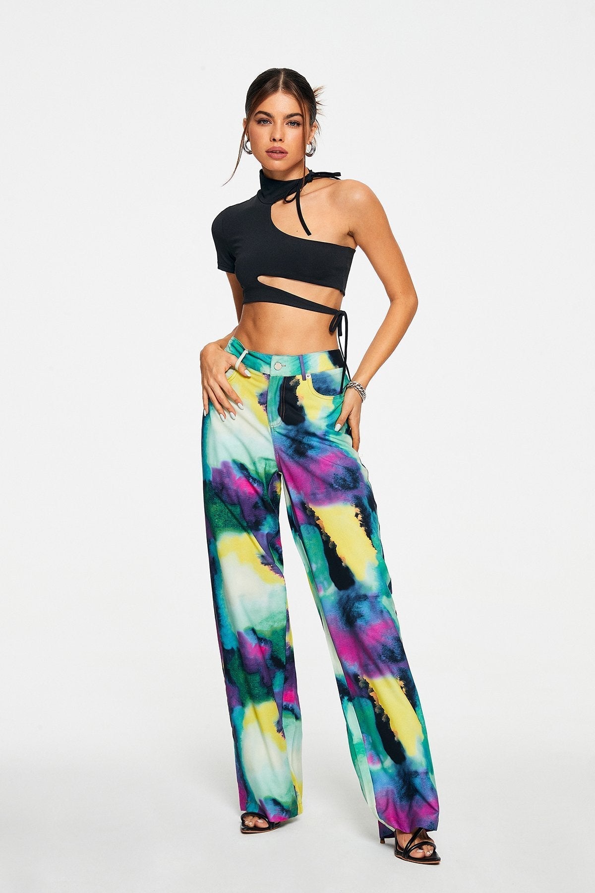 Asymmetrical Neck One Sleeve Crop Top
