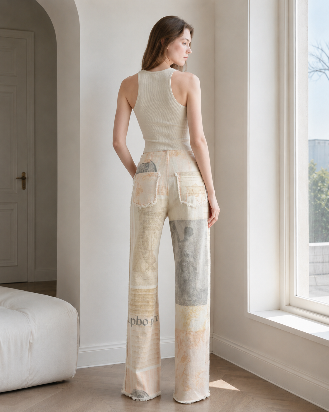 Vintage Newspaper Print Straight Leg Jeans
