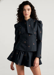 Embroidered Waist-Cinched Blazer & Mini Skirt Two Piece Set