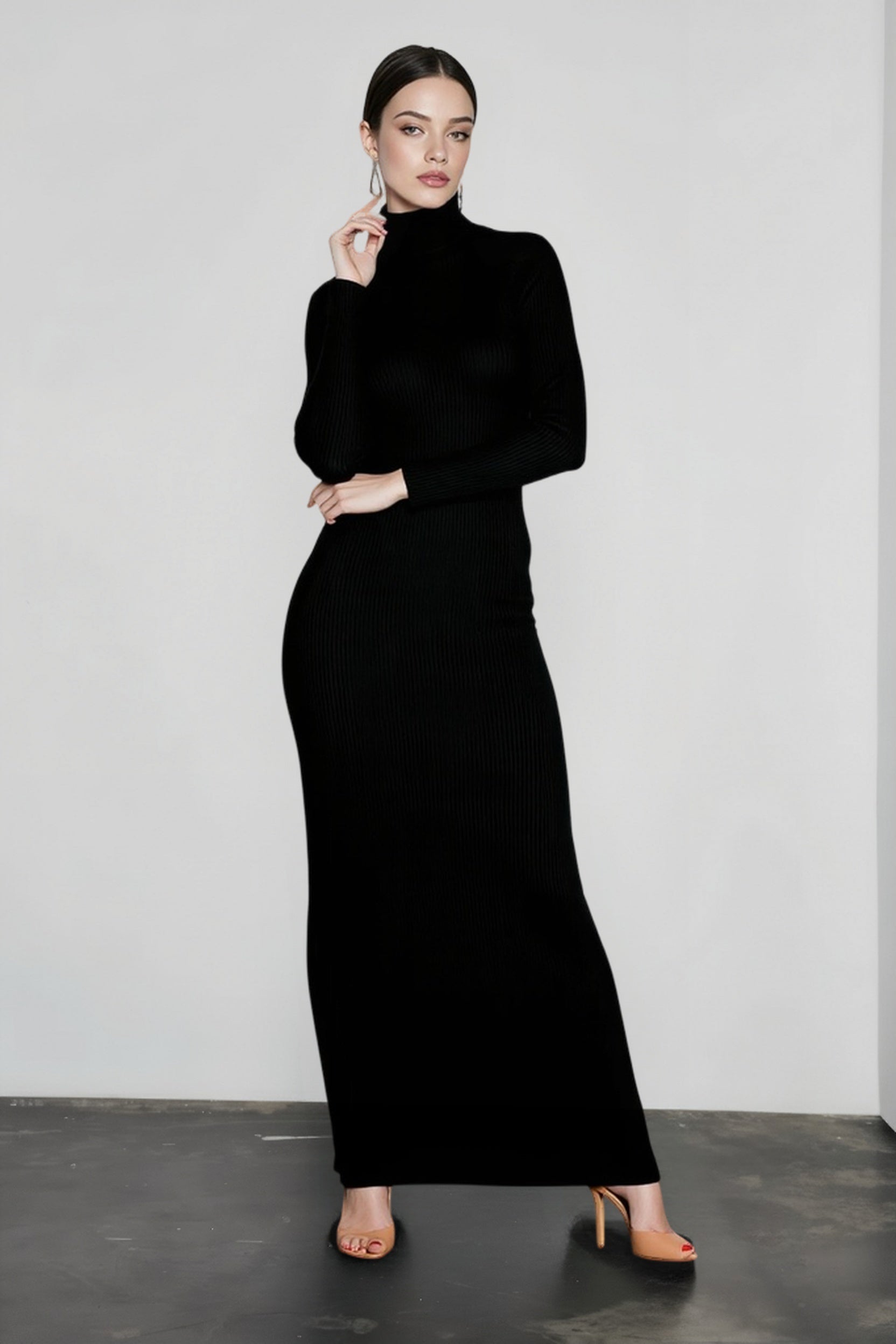 Elegant Spring Turtleneck Knitted Ribbed Sheath Midi Bodycon Dress