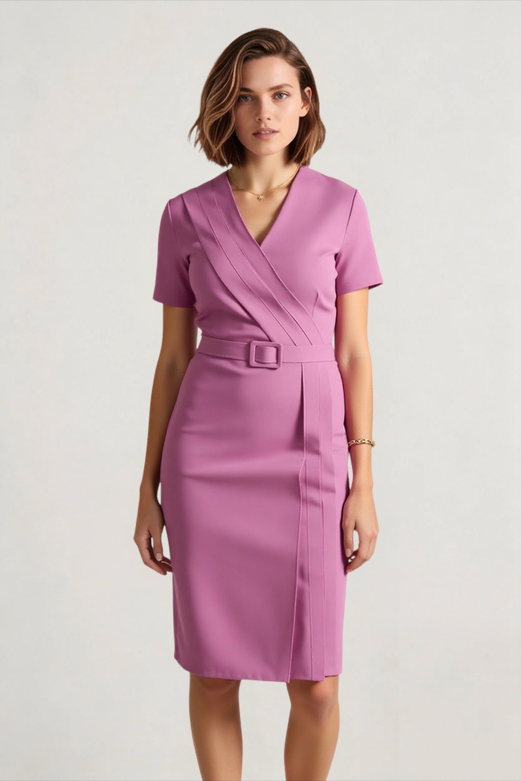 V-Neck Waistband Short Sleeve Solid Pencil Office Dress