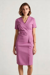 V-Neck Waistband Short Sleeve Solid Pencil Office Dress