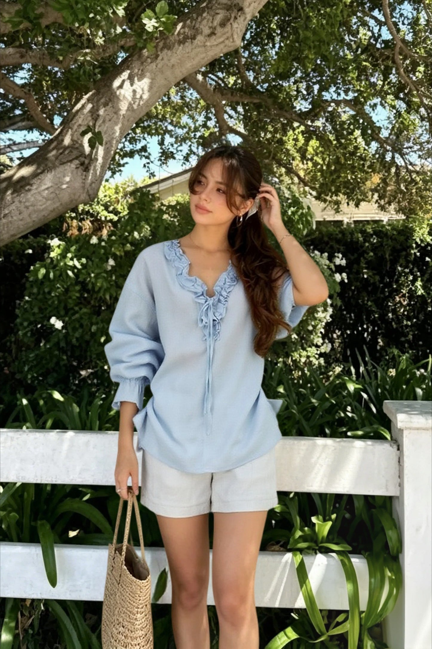 Linen Ruffle Tie Front Blouse