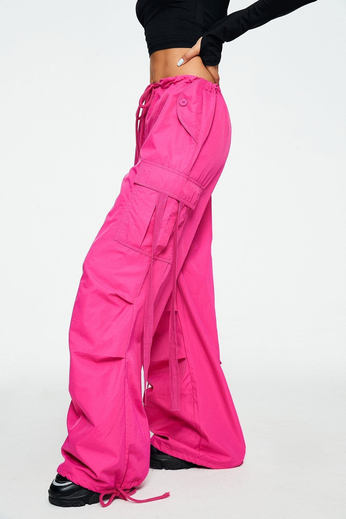 Drawstring Waist Pocket Patched Parachute Pants