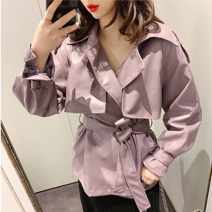 Stand Collar Belted PU Leather Quilted Jacket