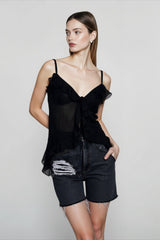 White Sheer V Neck Ruffle Cami Top
