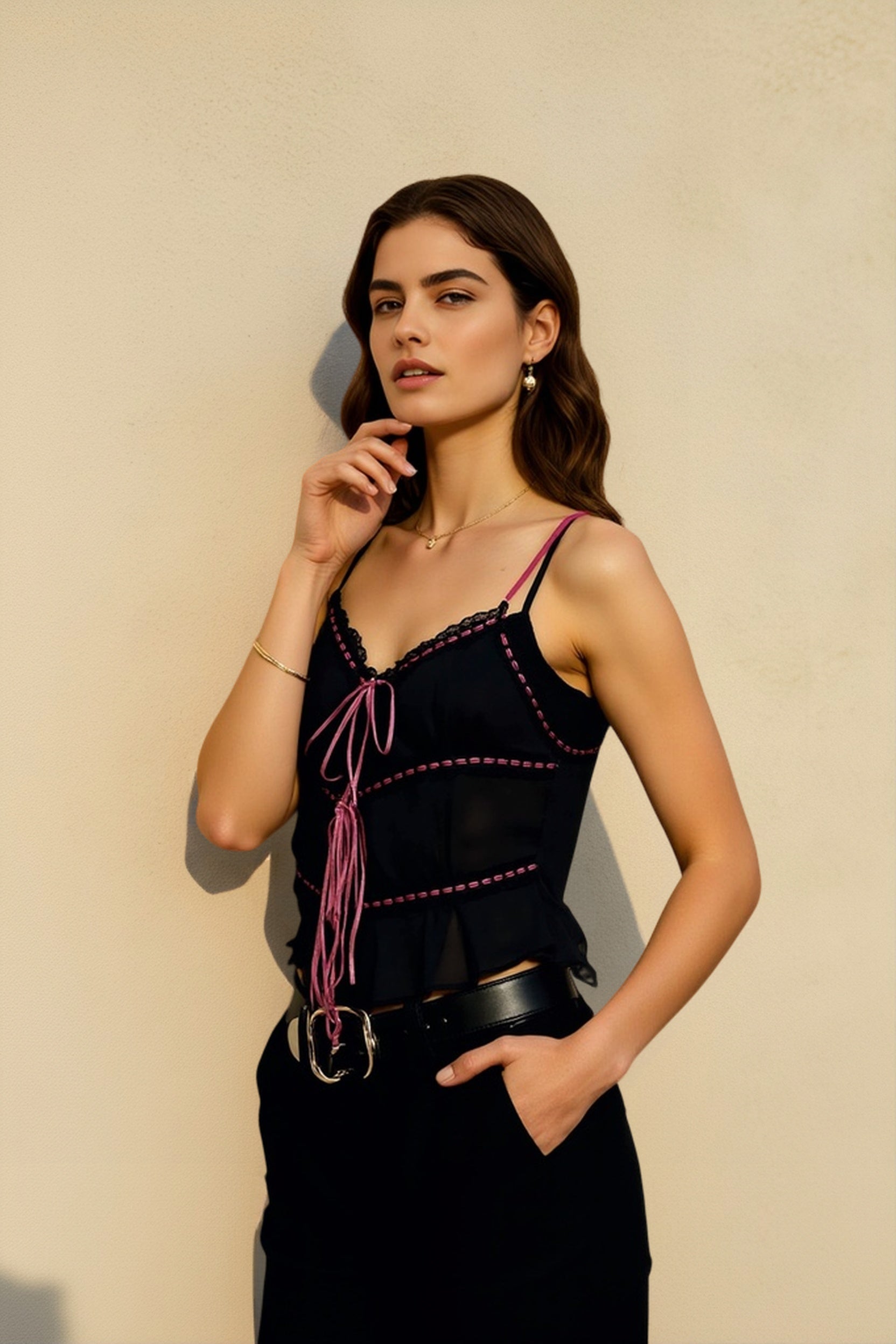 Sheer Mesh Lace Strap V Neck Cami Top