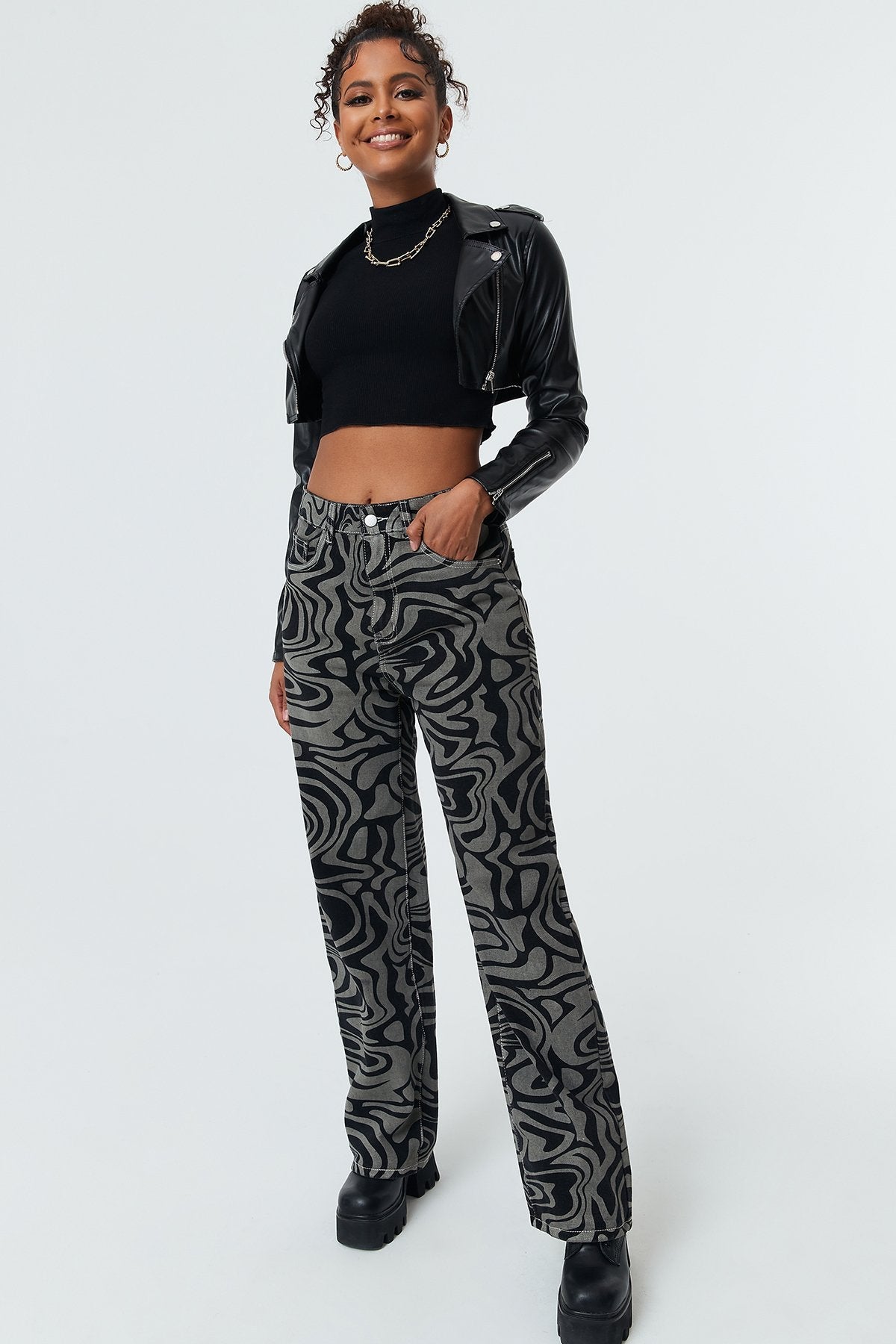 Wave Print High Waist Straight-leg Jeans