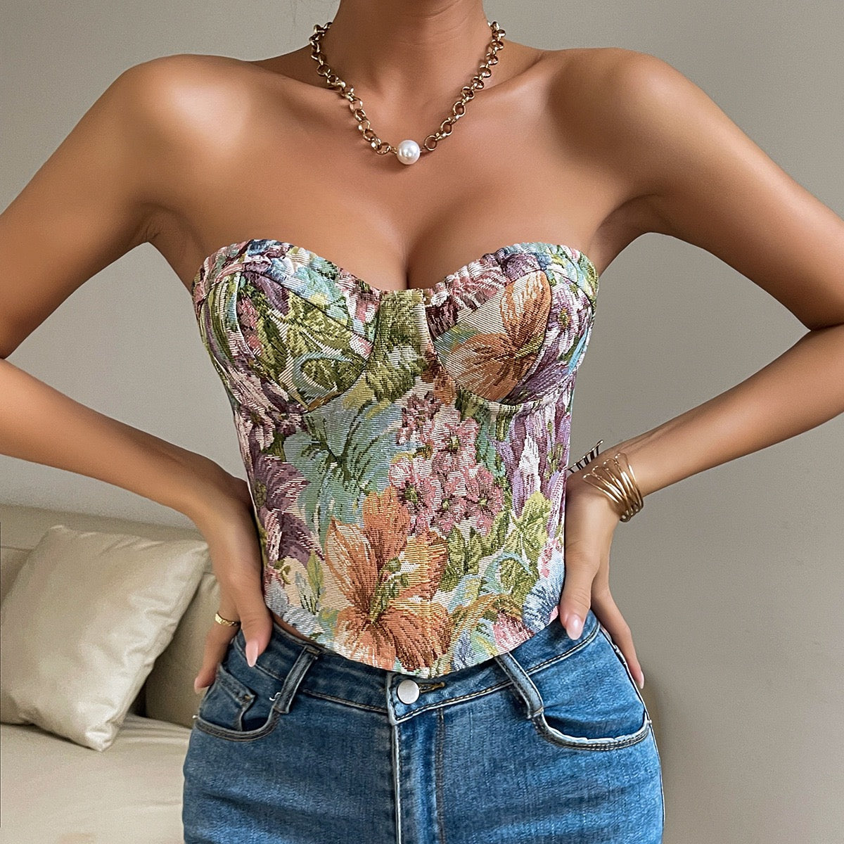 Abstract Print Lace Up Backless Tube Crop Top