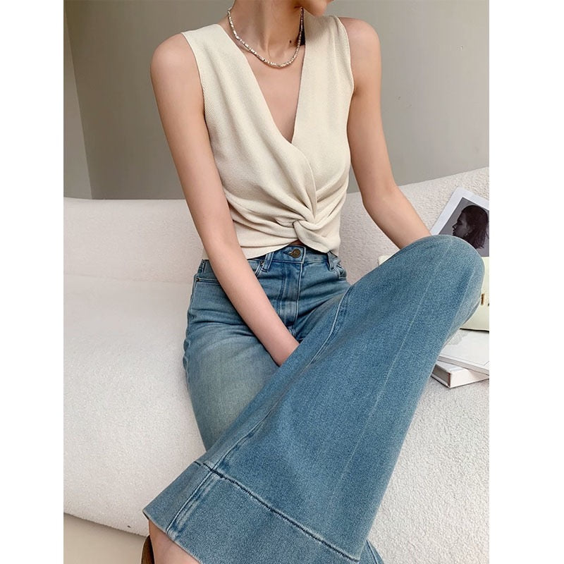 Washed Slim Draped Denim Pants