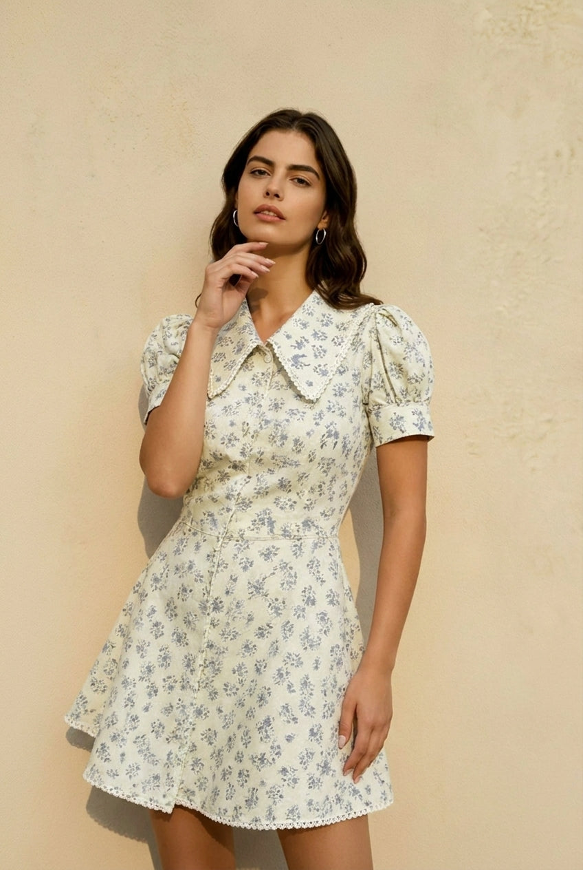 Floral Short Sleeve Peter Pan Collar Vacation Dress