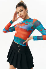 Abstract Print Mesh Long Sleeve Top