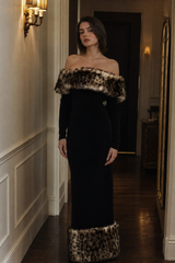 Sexy Off-shoulder Leopard Print Fur Trim Bodycon Maxi Dress