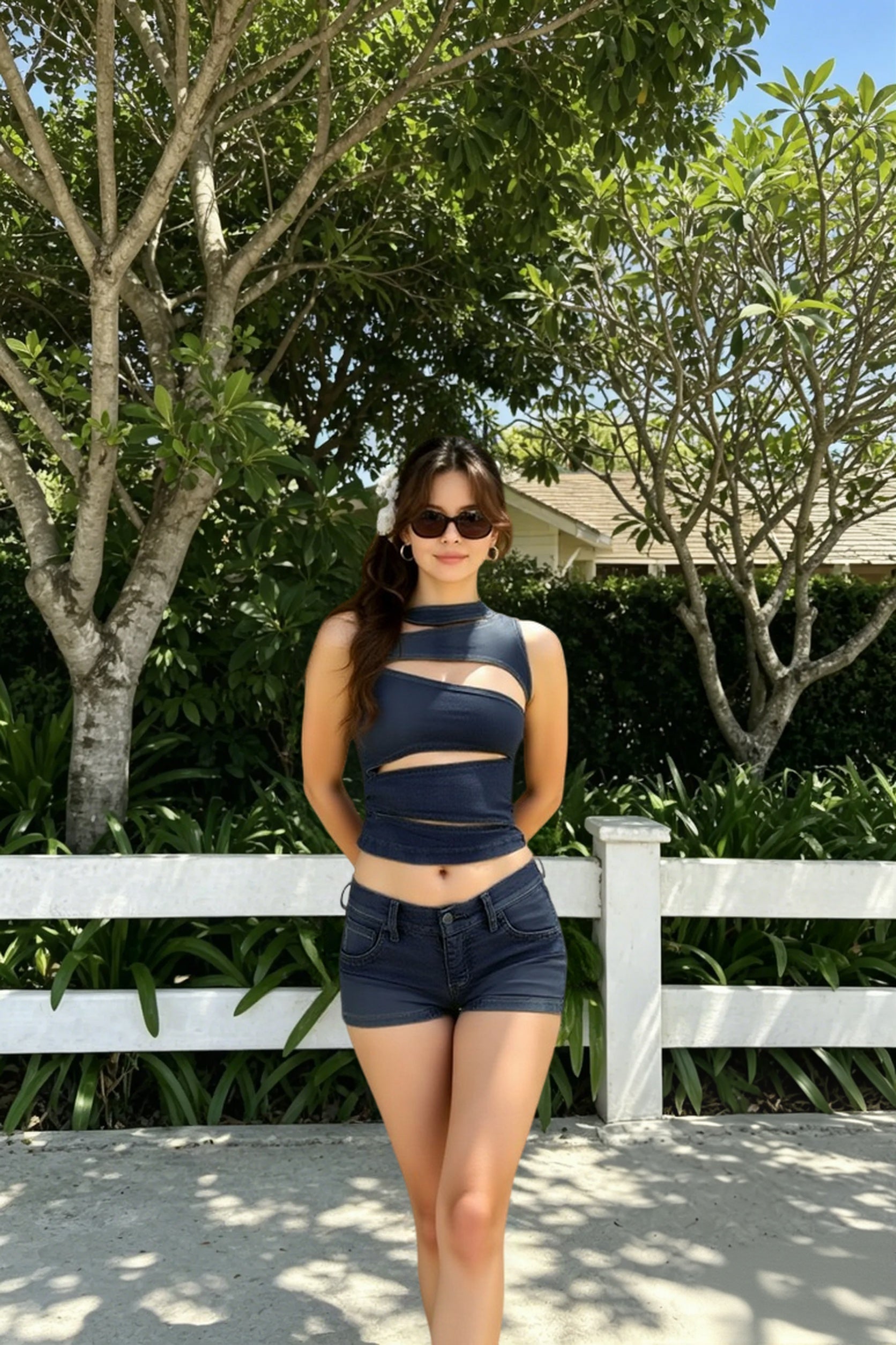 Hollow Out Denim O-neck Cami Top